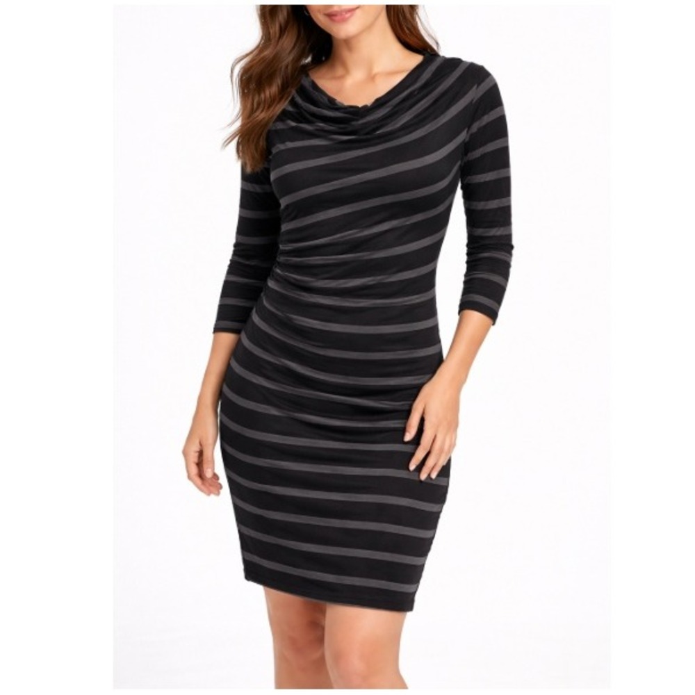 Ann Taylor Loft Women's Black Gray Striped Cowl Neck‎ Dress Petite Size MP